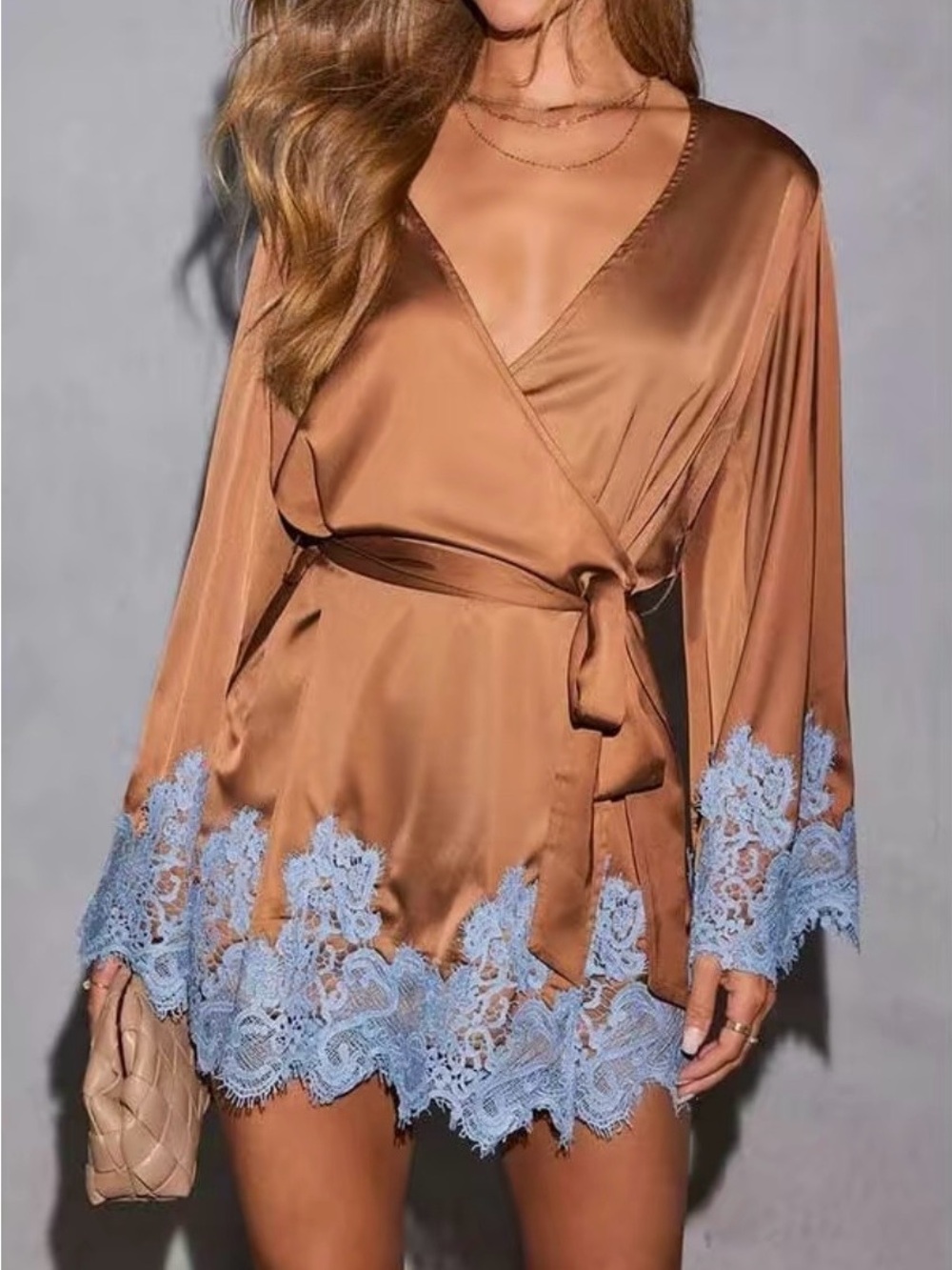 Satin Wrap Robe with Blue Lace Trim - Brown